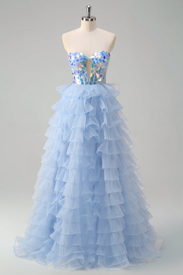 Blu A-Line Sweetheart buco della serratura corsetto a più livelli specchi volant lungo abito da ballo